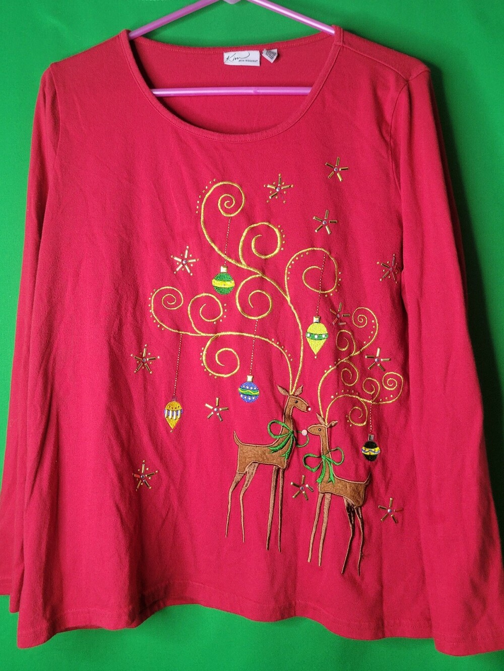 Kim Rogers Red Long-Sleeve Holiday Reindeer Top Sz Large